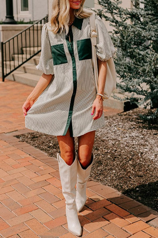 Stripe Green Puff Sleeve Button Down Dress