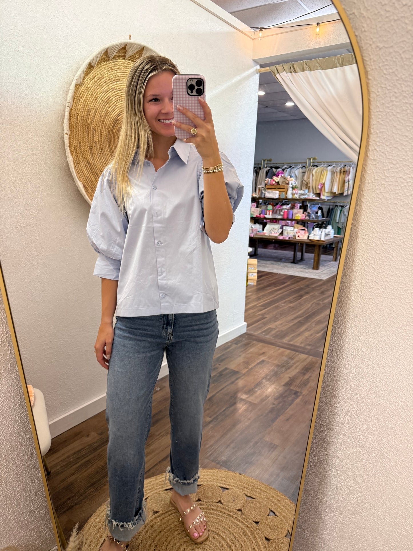 Sky 3/4 Sleeve Button Blouse