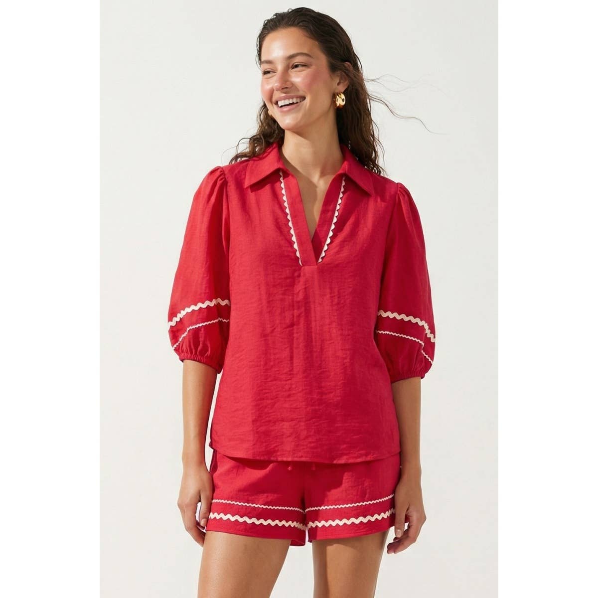 Contrast Trim Puff Sleeve Linen Blouse
