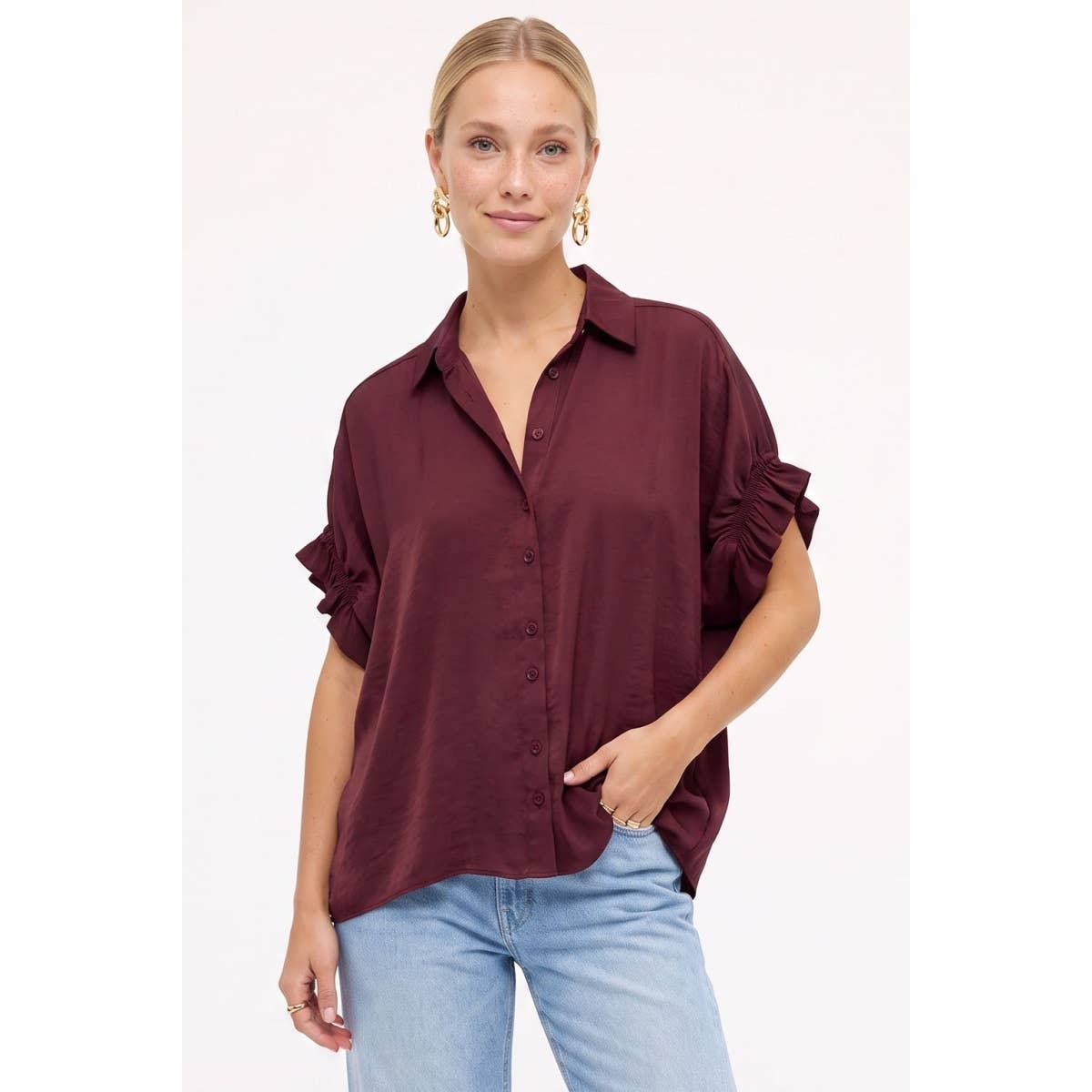 Short Ruffle Sleeve Button-up Blouse