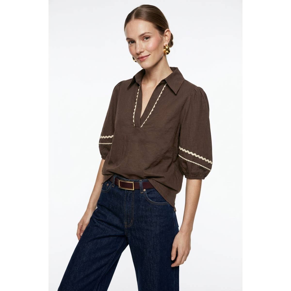 Contrast Trim Puff Sleeve Linen Blouse