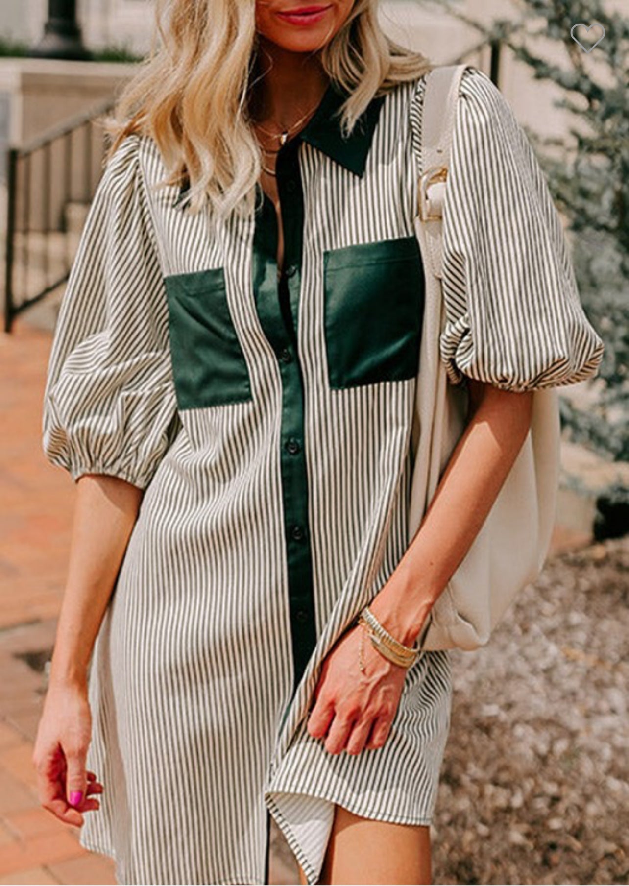 Stripe Green Puff Sleeve Button Down Dress