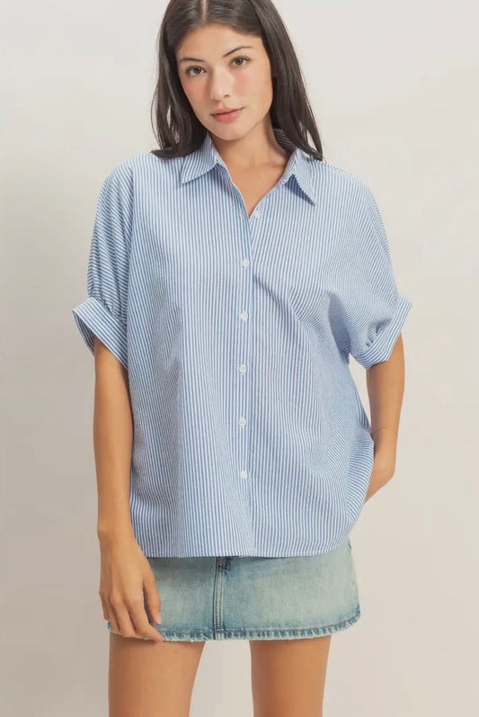 Striped short sleeve button front top