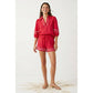 Contrast Trim Puff Sleeve Linen Blouse