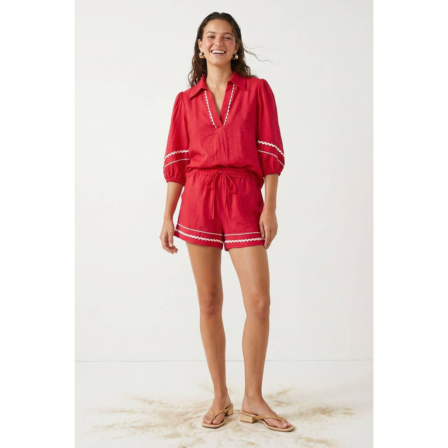Contrast Trim Puff Sleeve Linen Blouse