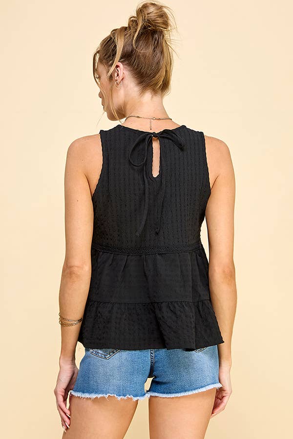 WK50480 - BABYDOLL TIER BUBLLE WOVEN TOP WITH TIE BACK