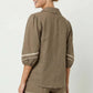Contrast Trim Puff Sleeve Linen Blouse