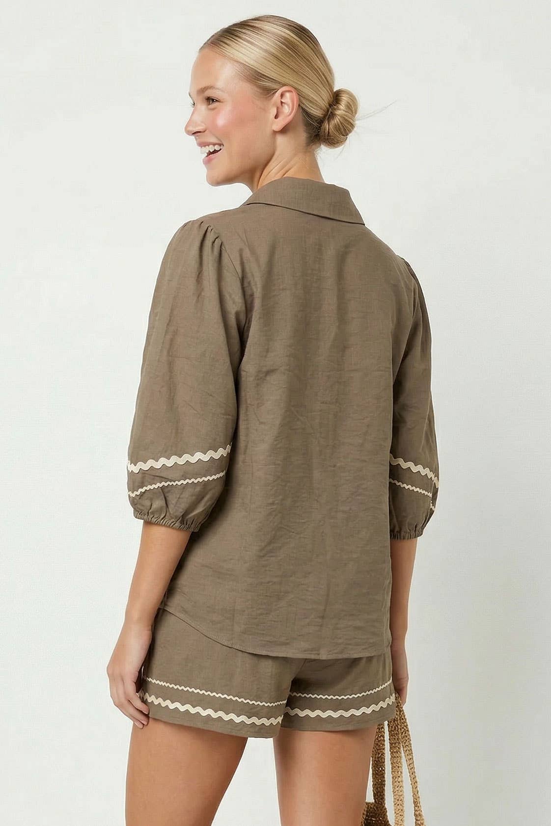 Contrast Trim Puff Sleeve Linen Blouse