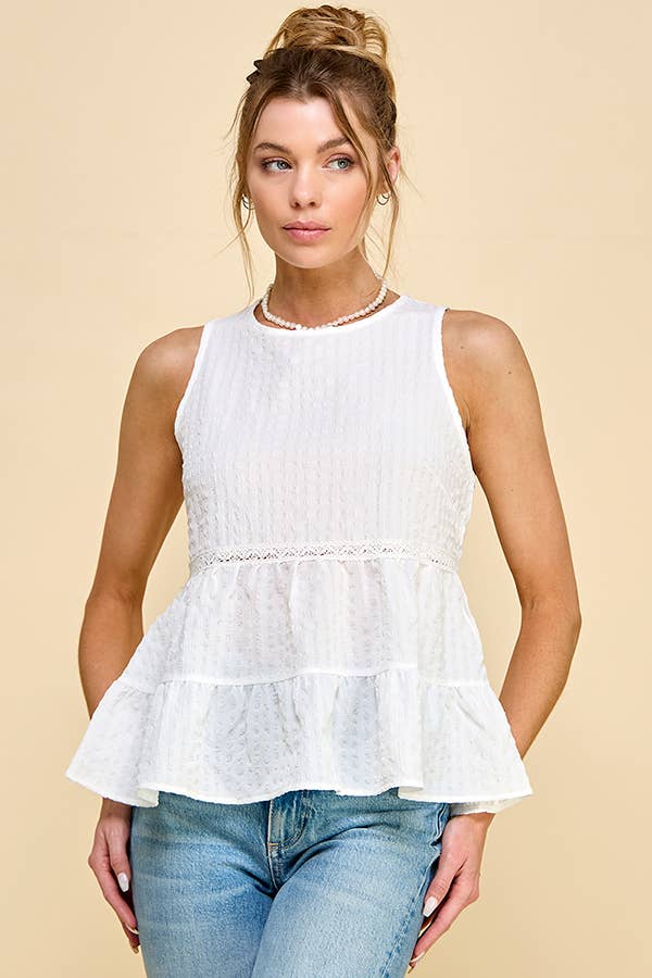 WK50480 - BABYDOLL TIER BUBLLE WOVEN TOP WITH TIE BACK