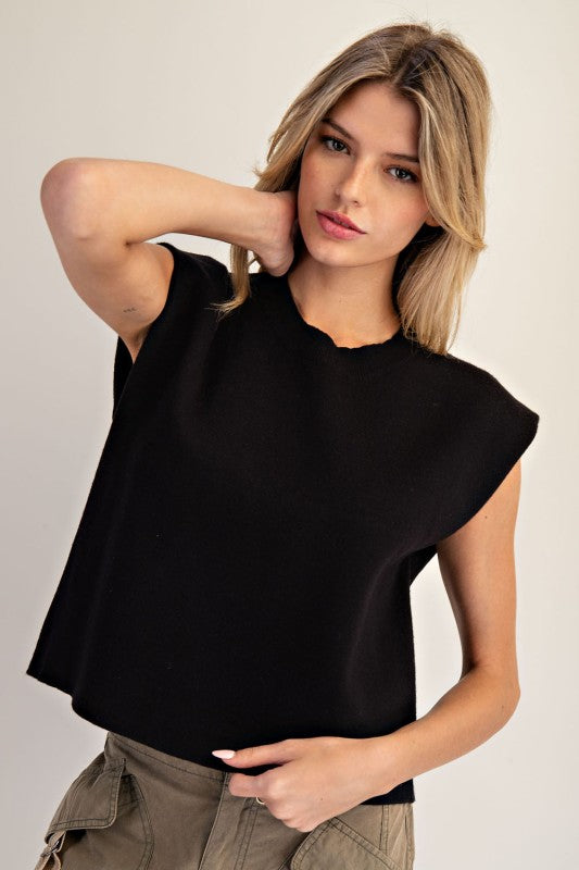 Solid Round Neck Cap Sleeve Sweater