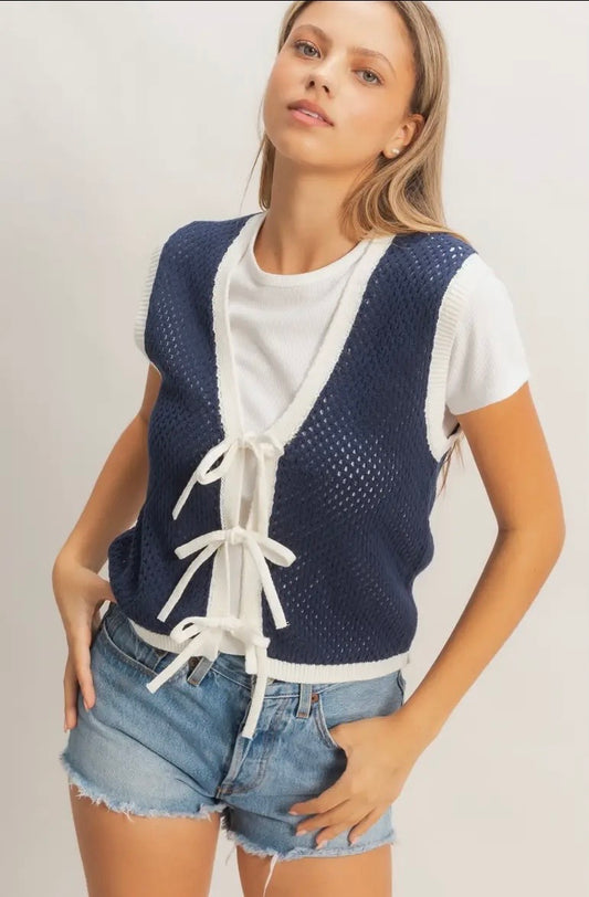 Navy Knit Tie Front Vest