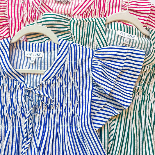 Striped Flutter Sleeve Smocked Top