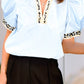 Contrast Leopard Trim Neck Puff Sleeve Blouse