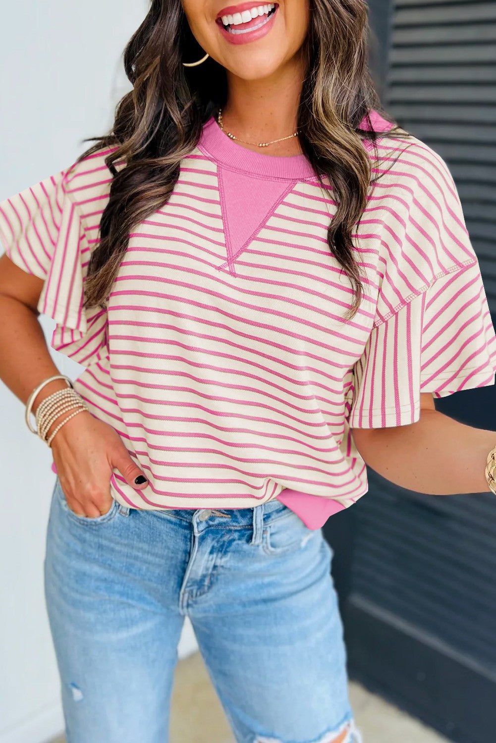 Contrast Detail Striped Ruffle Round Neck Top