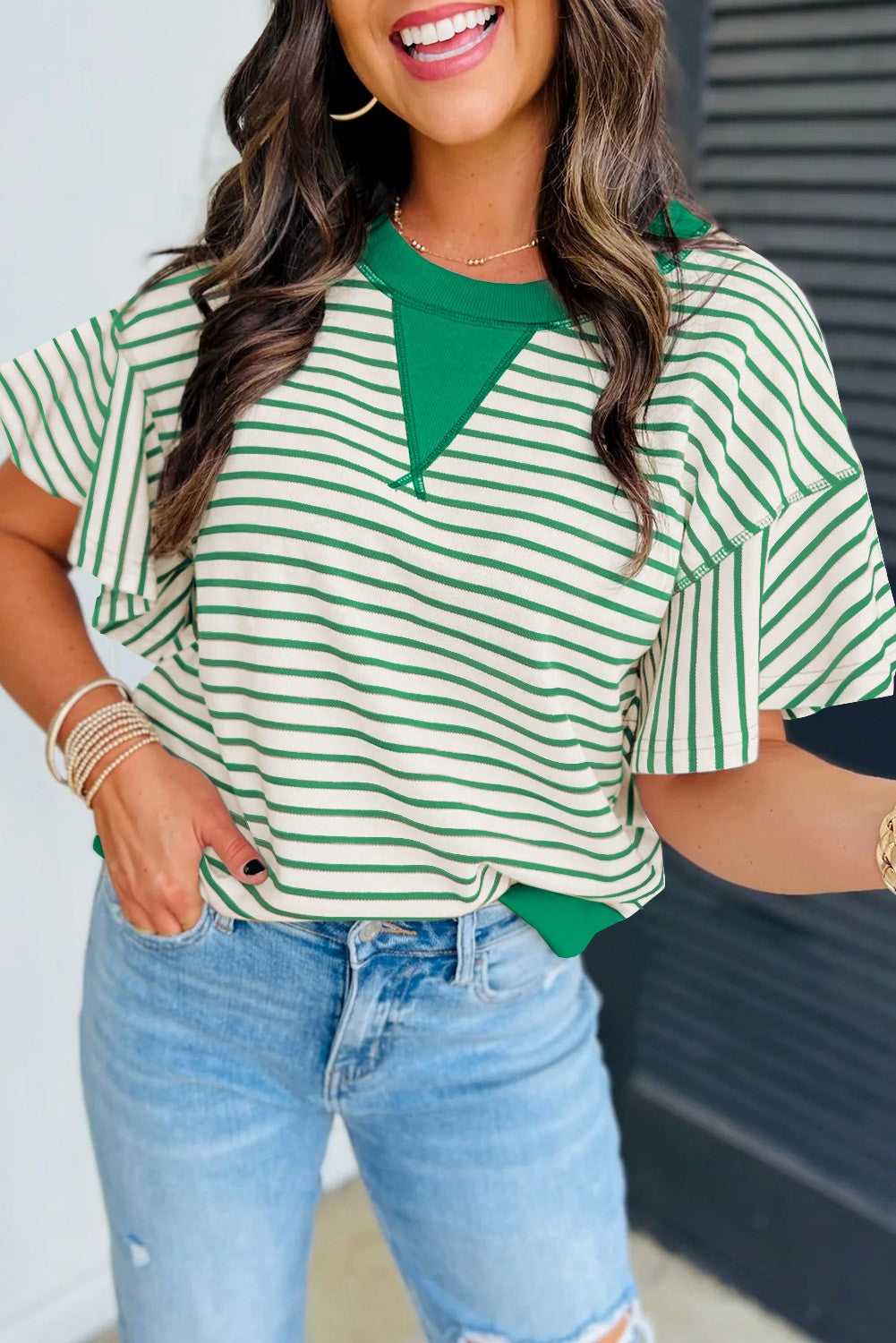 Contrast Detail Striped Ruffle Round Neck Top