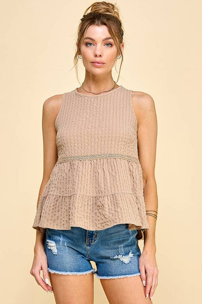 WK50480 - BABYDOLL TIER BUBLLE WOVEN TOP WITH TIE BACK