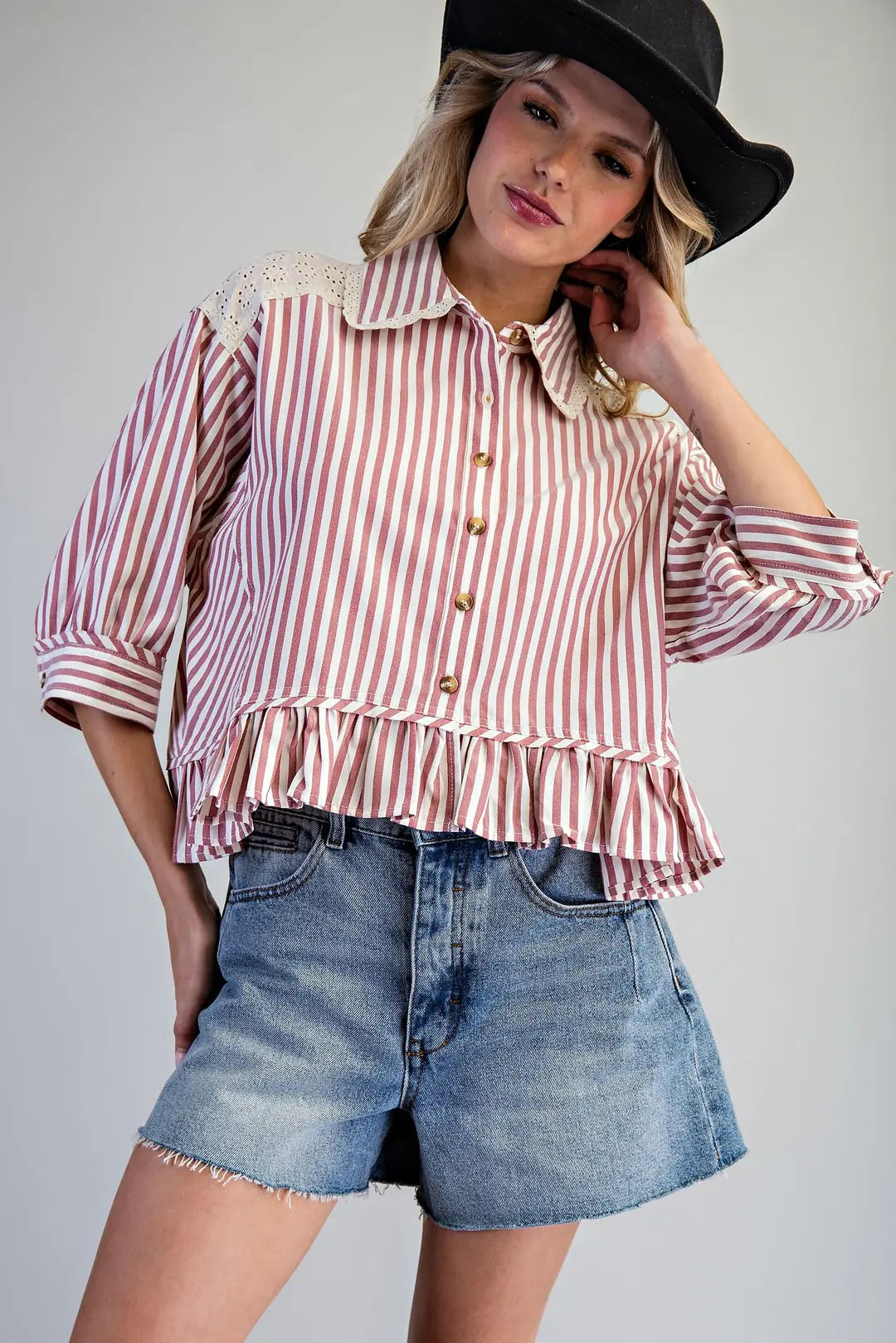 Ruffle & Lace Trim Button Blouse