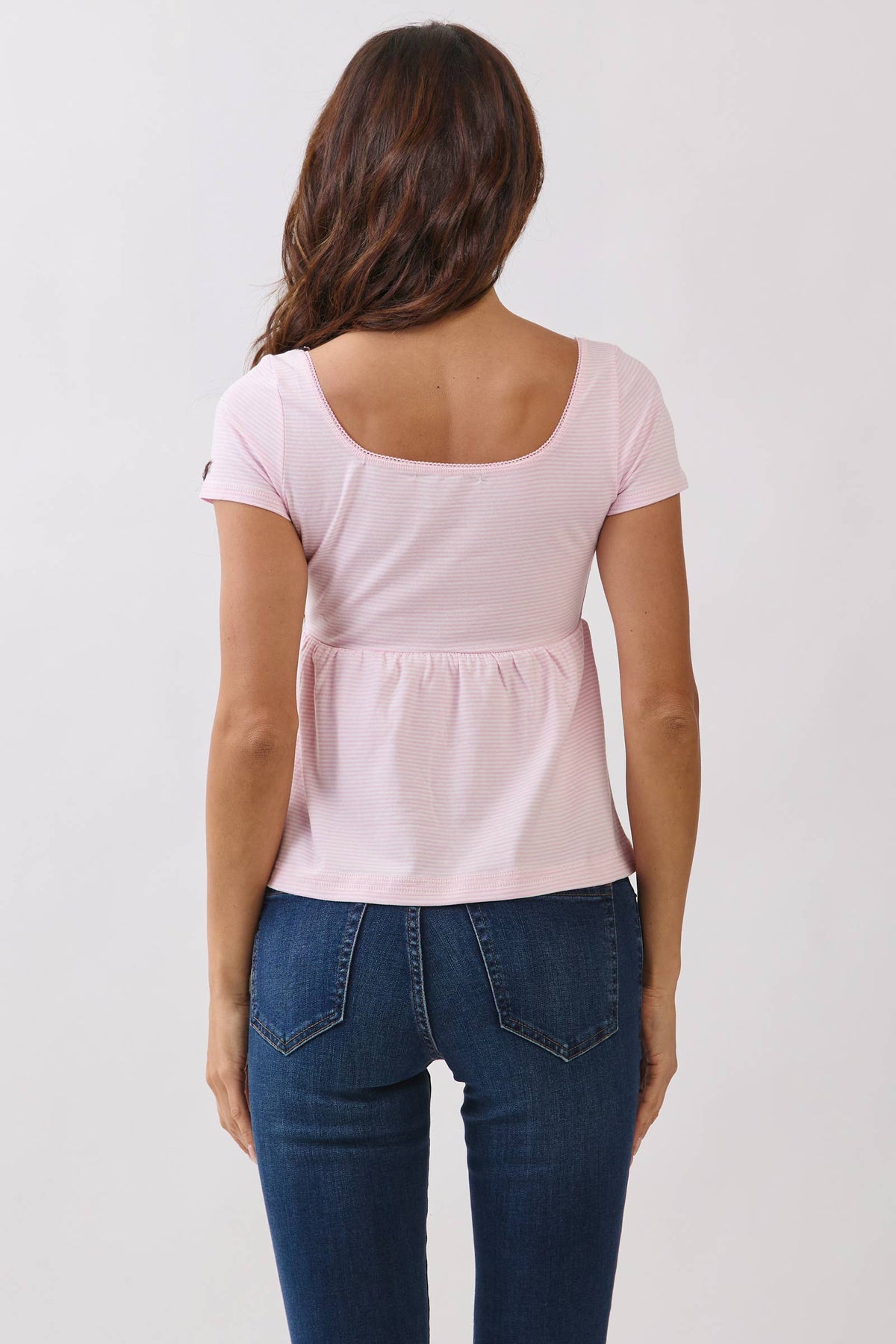 JT57348S - STRIPE SQUARE NK HENLEY BABYDOLL TEE