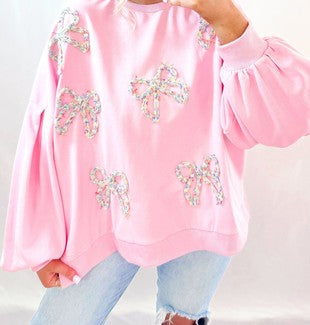 EMBROIDERED BOW LANTERN SLEEVE OVERSIZED PULLOVER