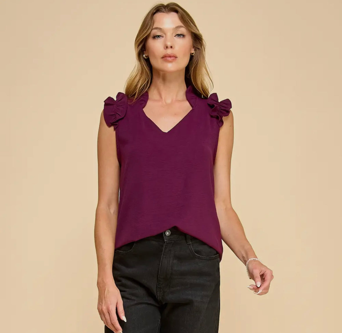 Solid V-Neck Ruffle Top