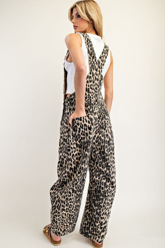 Leopard Printed Barrel Leg Overalls