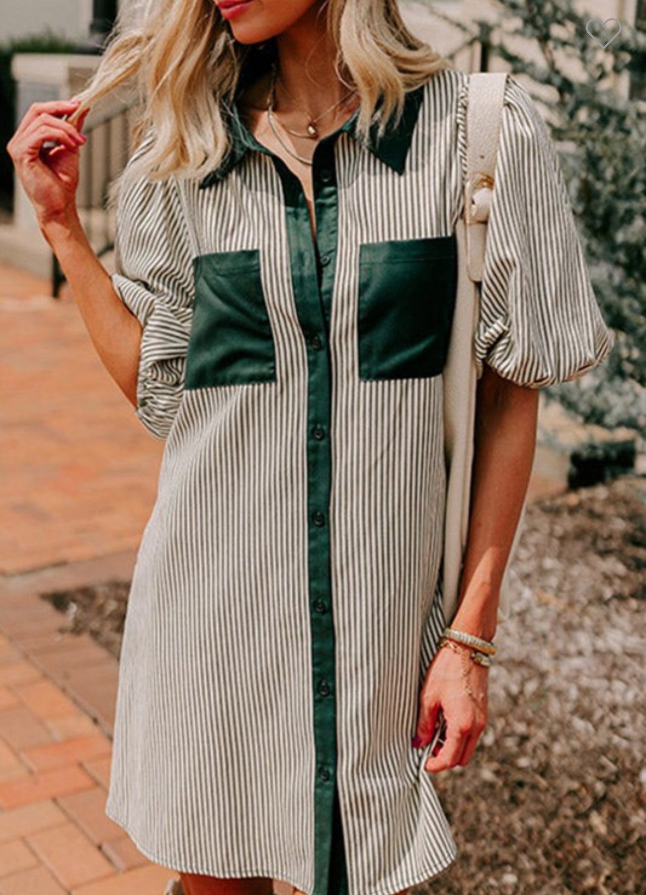 Stripe Green Puff Sleeve Button Down Dress