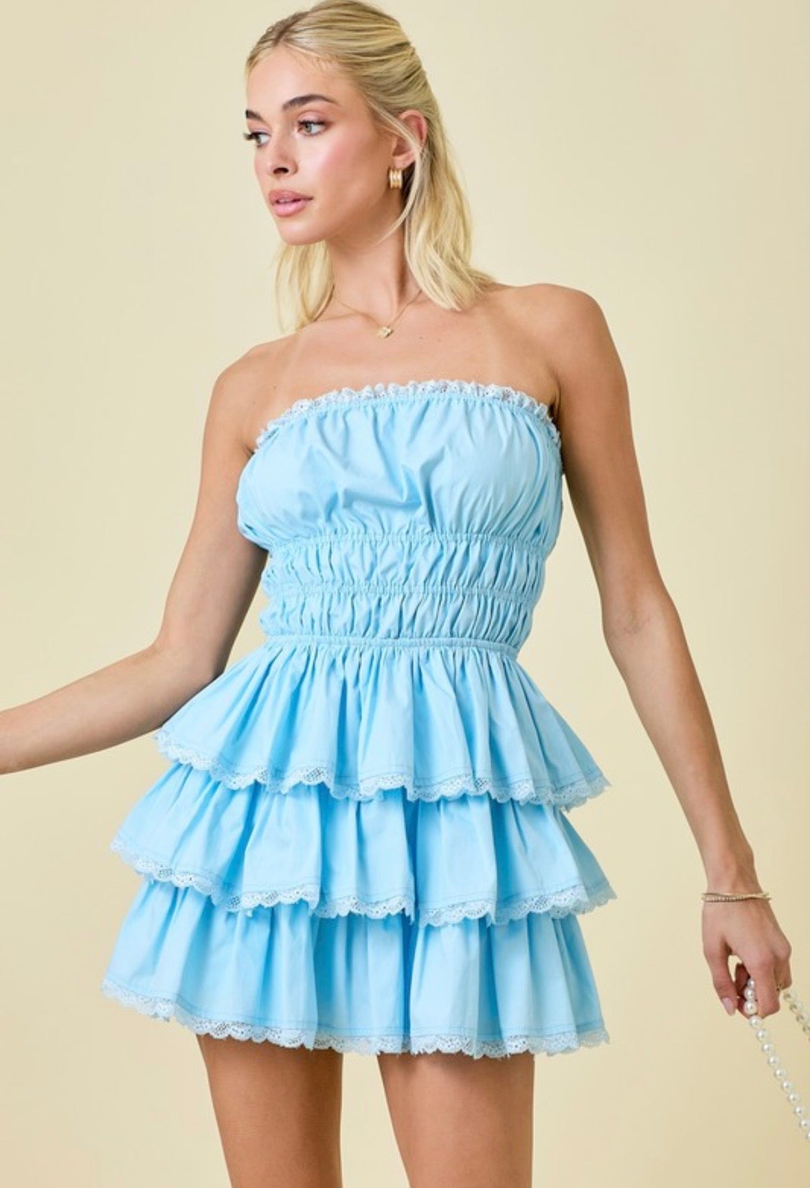 Blue Tiered Lace Border Mini Dress