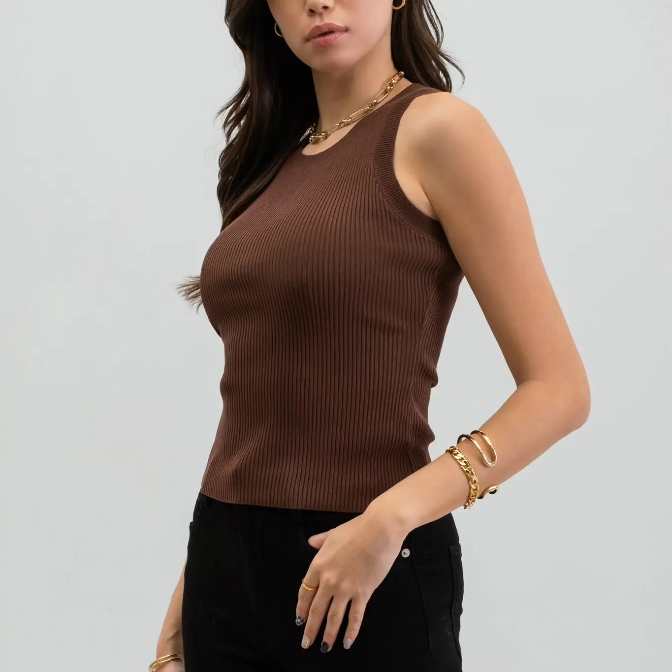 Brown Round Neck Sweater Knit Tank Top