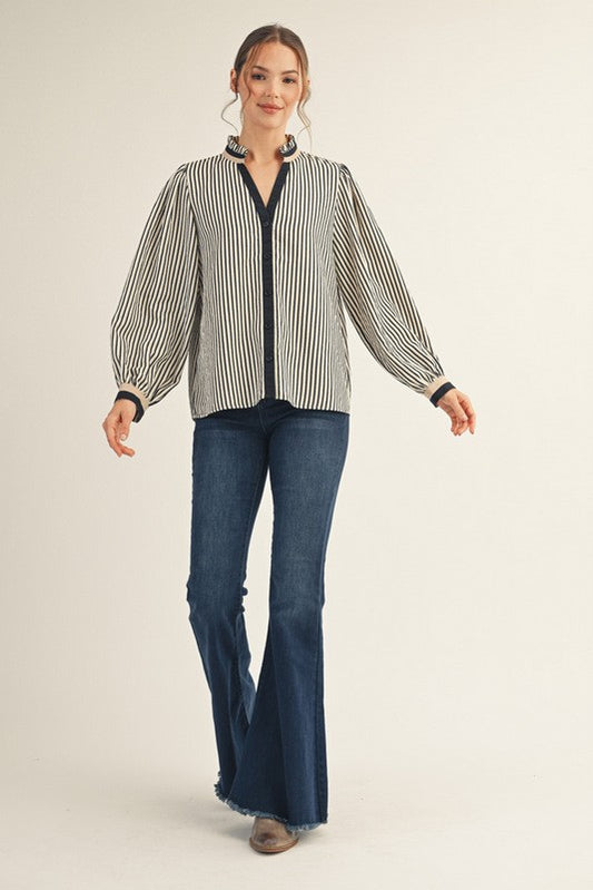 Ruffled Neck Button Down Stripe Top