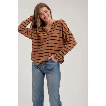 BP Stripe Exposed Seam Split Neck Knit Top