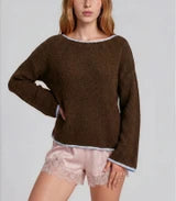 Boat Neck Contrast Trim Long Sleeve Knit Sweater
