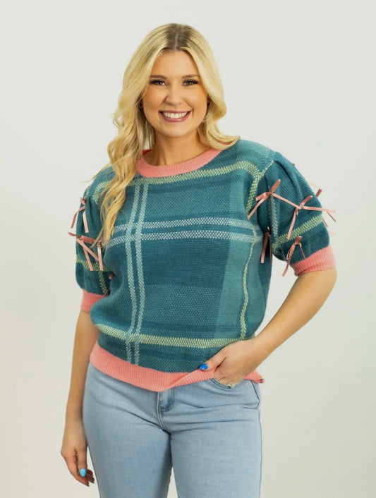 Turquoise Plaid Bow Top