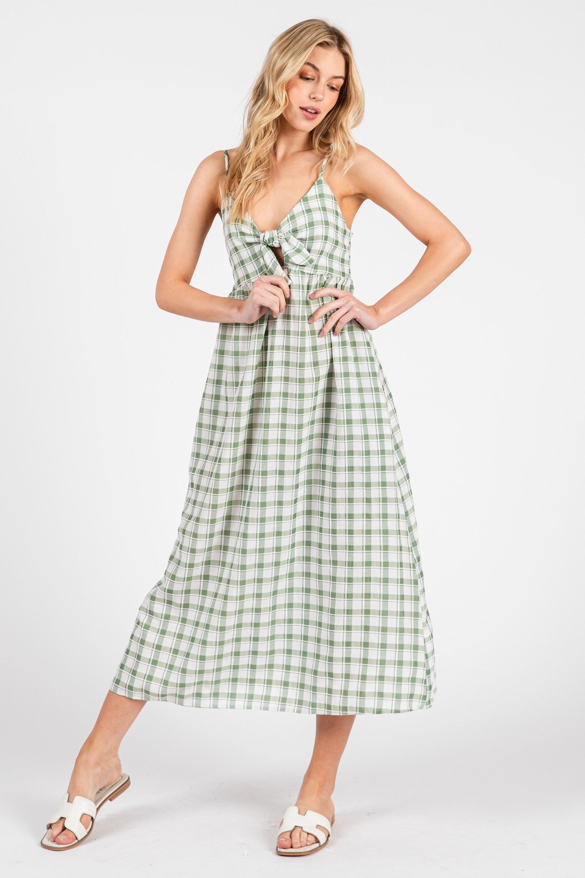 Checkered Front Tie Detailed Midi Dress
