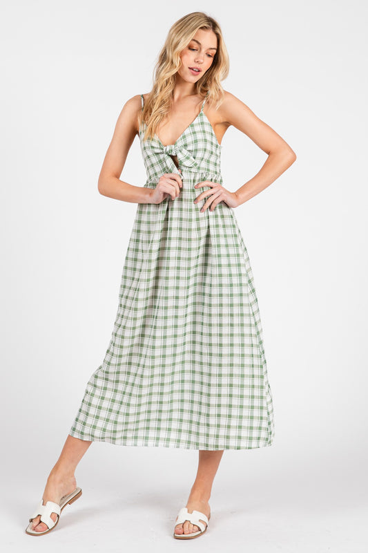 Checkered Front Tie Detailed Midi Dress