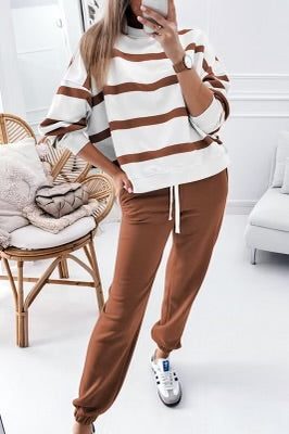 Brown Strip Pullover & Jogger Pants Set