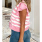 Stripe Ruffled V Neck Cap Puff Sleeve Top