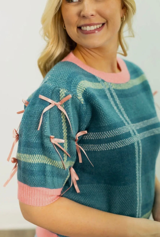 Turquoise Plaid Bow Top