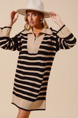 Oatmeal/Black Mock Half Zip Stripe Sweater Mini Dress