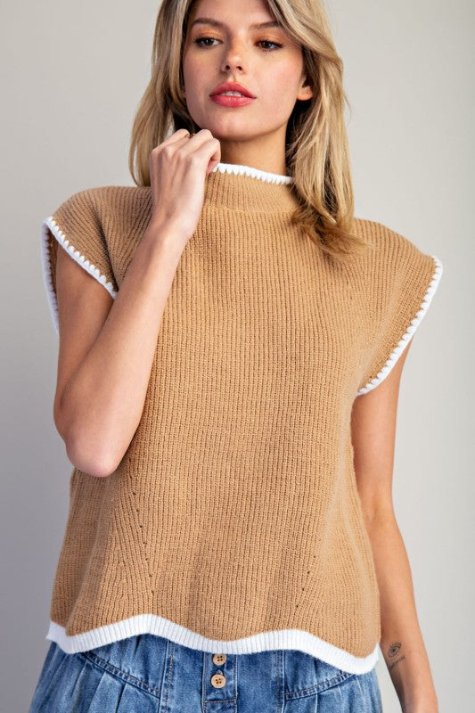 Scallop Trim Contrasting Cap Sleeve Sweater