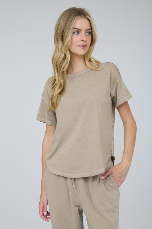 Exposed Seam Raw Edge Short Sleeve Top