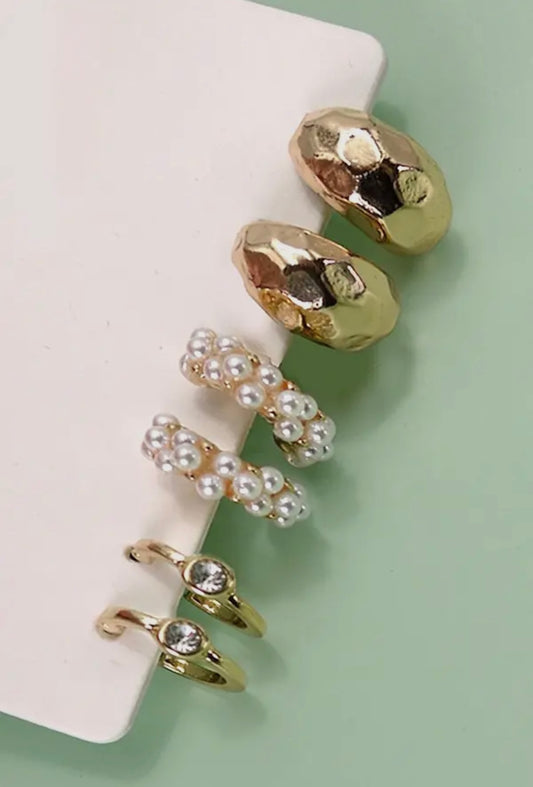 Pearl Diamond Cut Huggie Trio