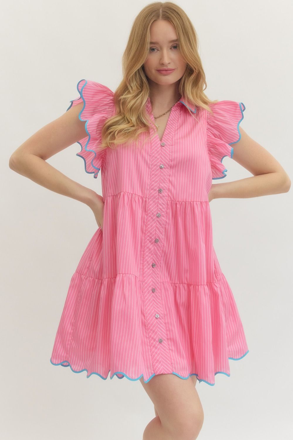 Pinstripe Flutter Sleeve Bubble Gum Mini