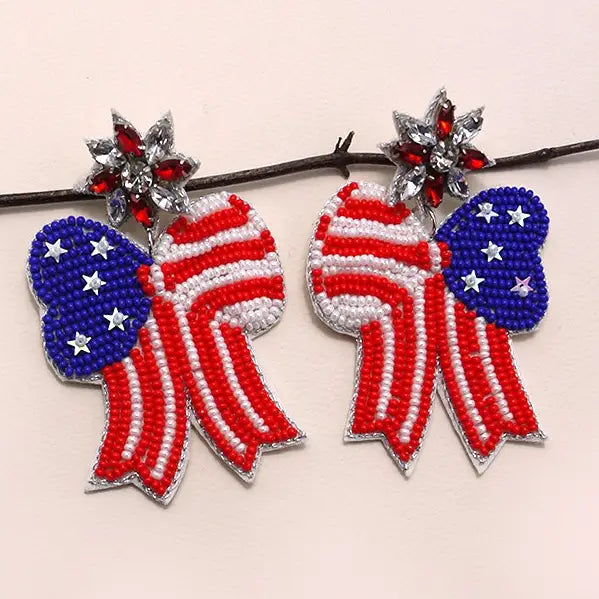 4TH of July Seedbead Bow Flag Drop Earrings