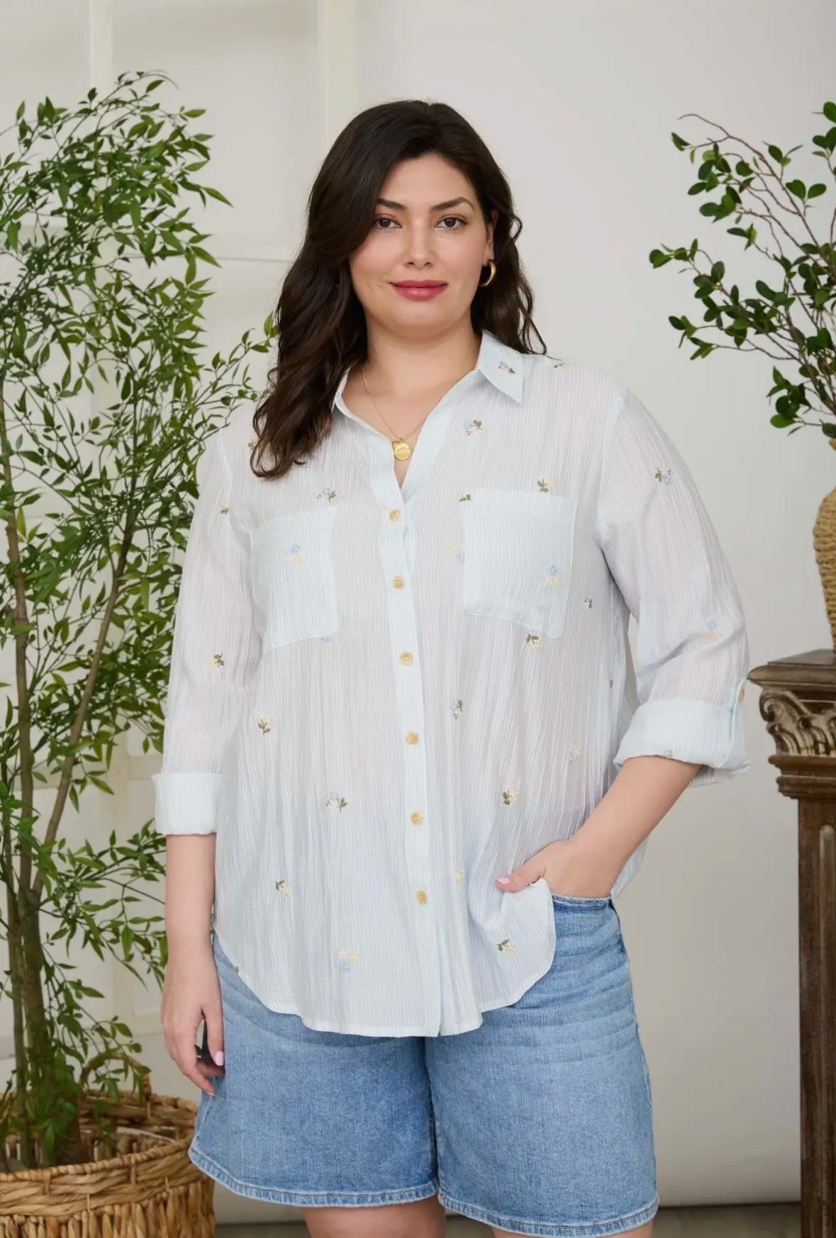 Pinstripe Floral Button Up