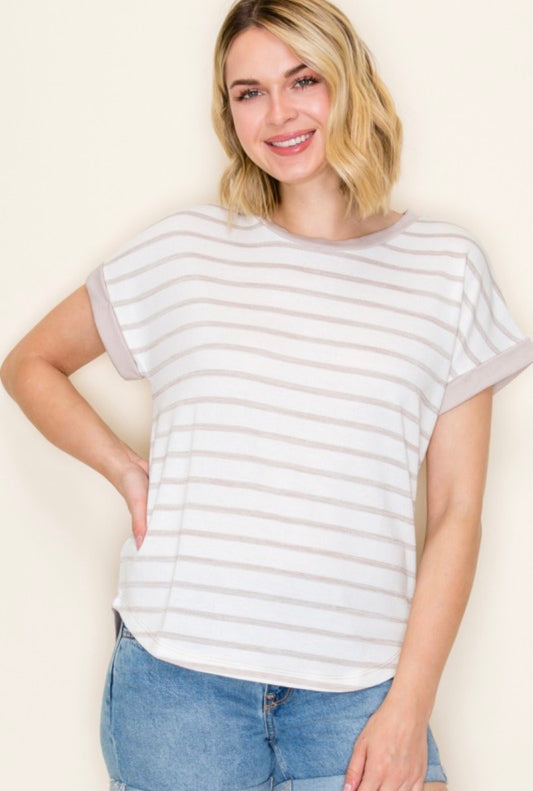 Taupe Block Sleeve Striped Top