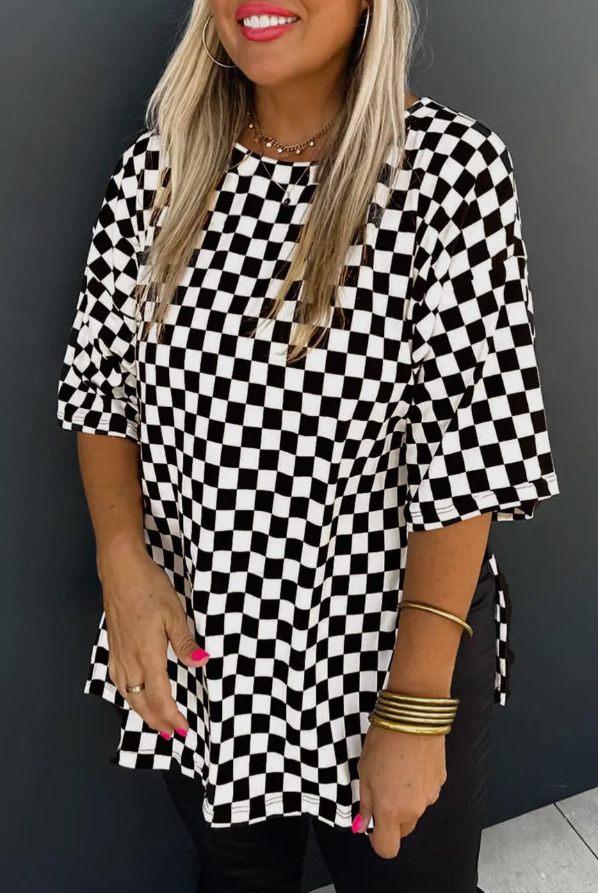 Plus Size Checkered Round Neck Top
