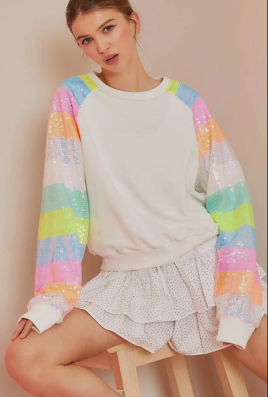 Color Block Sequin Sleeve French Terry Top