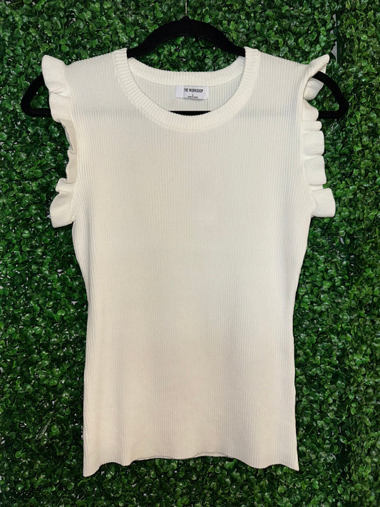 BLUPEPPER WHITE RUFFLE SLEEVE BASIC TOP