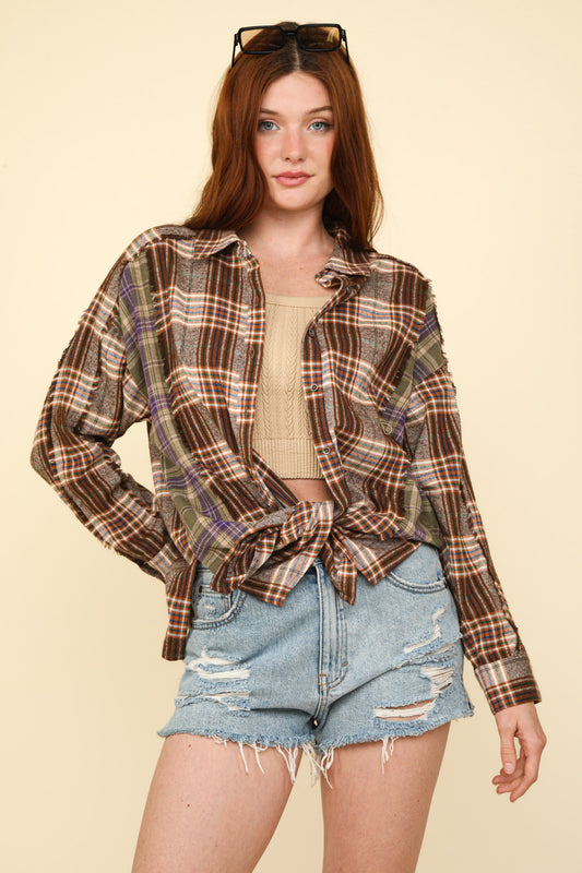 VERY J - Contrast Plaid Detail Casual Shirt Top