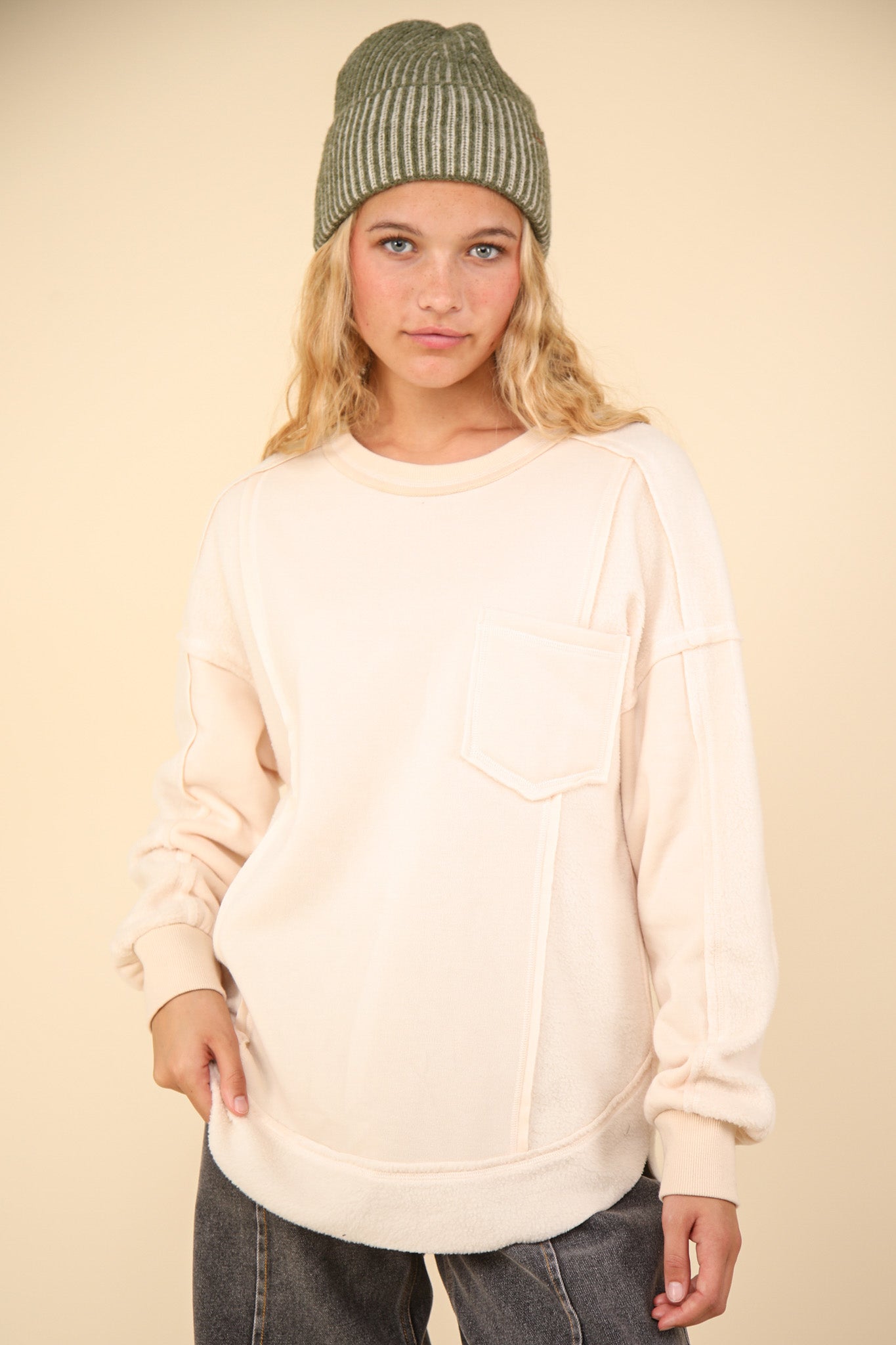 VERY J - Contrast French Terry Knit Oversized Casual Comfy Top